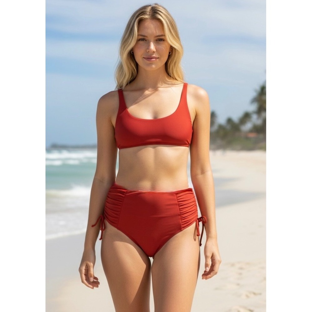 NEW Rust Red High Waisted‎ Ruched Side Tie Bikini Swim Bottoms Beach
